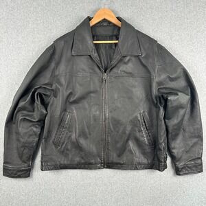 Black Leather Motorcycle Jacket Bomber Zip Collar RN 93677 Biker Pilot Men L/XL?
